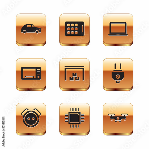 Set Car, Robot vacuum cleaner, Processor with microcircuits CPU, Warehouse, Microwave oven, Laptop, Drone flying and Graphic tablet icon. Vector