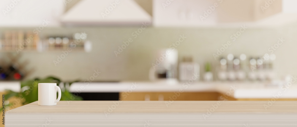 Modern light wooden kitchen countertop with copy space Modern light wooden kitchen countertop with copy space