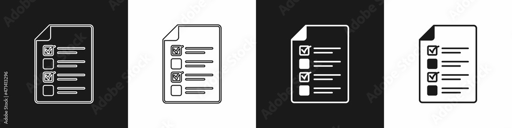 Set Online quiz, test, survey or checklist icon isolated on black and white background. Exam list. E-education concept. Vector Set Online quiz, test, survey or checklist icon isolated on black and white background. Exam list. E-education concept. Vector