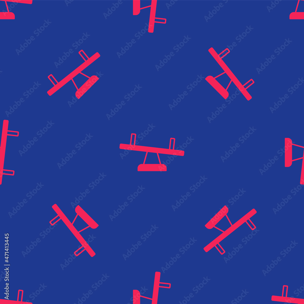 Red Seesaw icon isolated seamless pattern on blue background. Teeter equal board. Playground symbol. Vector