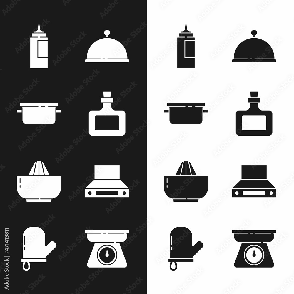Set Sauce bottle, Cooking pot, Covered with tray, Citrus fruit juicer, Kitchen extractor fan, Scales and Oven glove icon. Vector Set Sauce bottle, Cooking pot, Covered with tray, Citrus fruit juicer, Kitchen extractor fan, Scales and Oven glove icon. Vector