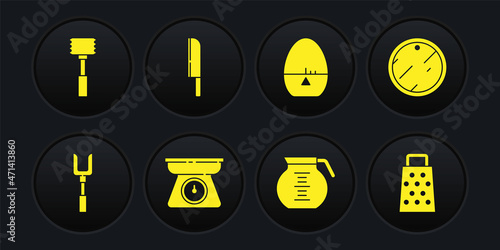 Set Barbecue fork, Cutting board, Scales, Coffee pot, Kitchen timer, Knife, Grater and hammer icon. Vector