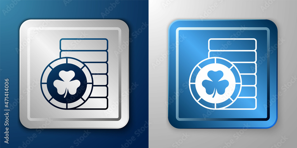 Obraz premium White Golden leprechaun coin with clover trefoil leaf icon isolated on blue and grey background. Happy Saint Patricks day. National Irish holiday. Silver and blue square button. Vector