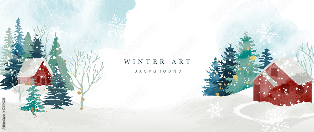 Fototapeta premium Winter background vector. Hand painted watercolor drawing for Christmas and Happy New Year season. Background design for invitation, cards, social post, ad, cover, sale banner and invitation.