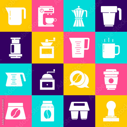 Set Coffee tamper, cup to go, moca pot, Manual coffee grinder, Aeropress, and Jug glass with water icon. Vector