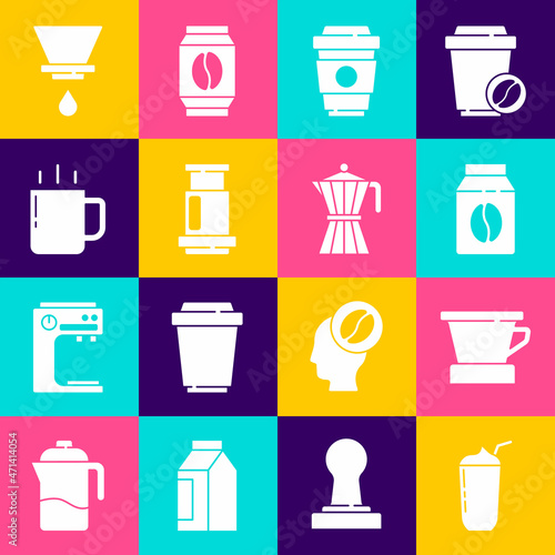Set Milkshake, V60 coffee maker, Bag beans, Coffee cup to go, Aeropress, and moca pot icon. Vector