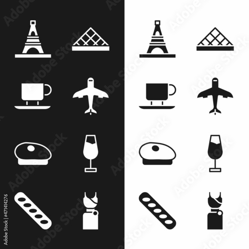 Set Plane, Coffee cup, Eiffel tower, Louvre museum, French beret, Wine glass, Woman dress and baguette bread icon. Vector