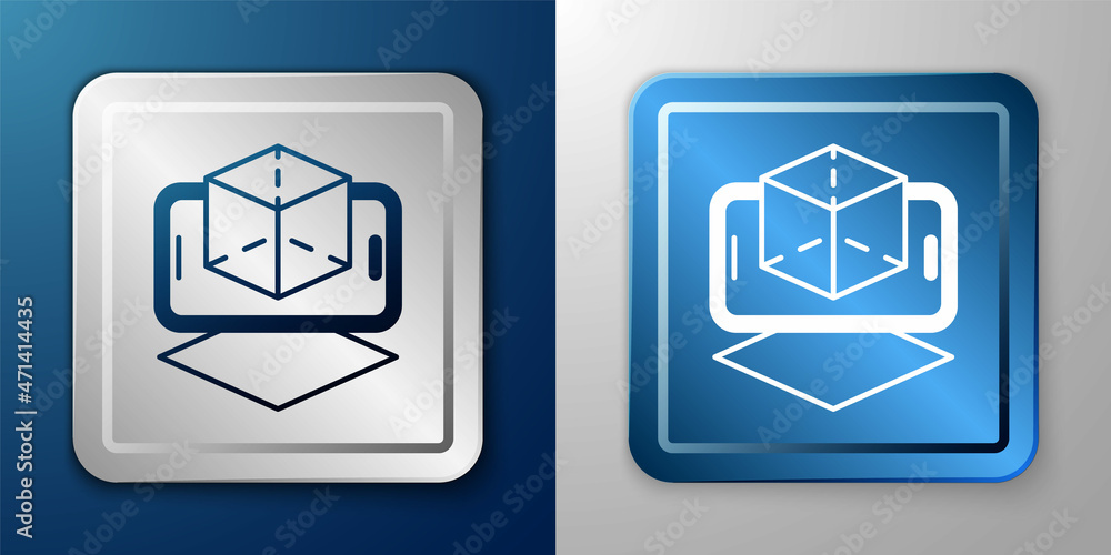 Fototapeta premium White 3d modeling icon isolated on blue and grey background. Augmented reality or virtual reality. Silver and blue square button. Vector