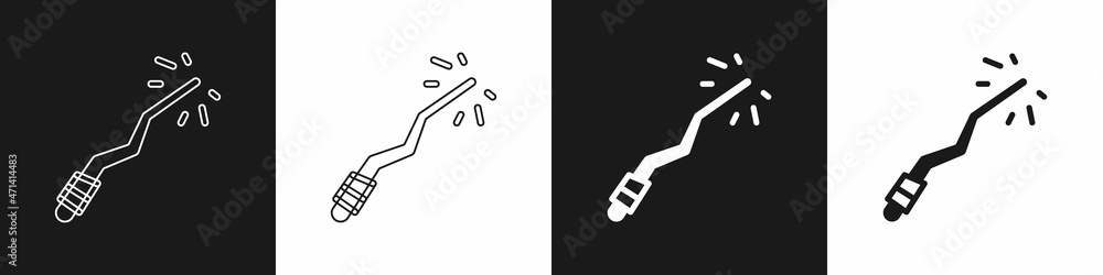 Set Magic wand icon isolated on black and white background. Star shape magic accessory. Magical power. Happy Halloween party. Vector Set Magic wand icon isolated on black and white background. Star shape magic accessory. Magical power. Happy Halloween party. Vector