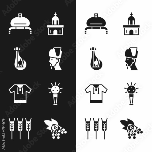 Set Ukrainian cossack, Bandura, Bread salt, Church building, Embroidered shirt, Mace, Branch viburnum and Wheat icon. Vector