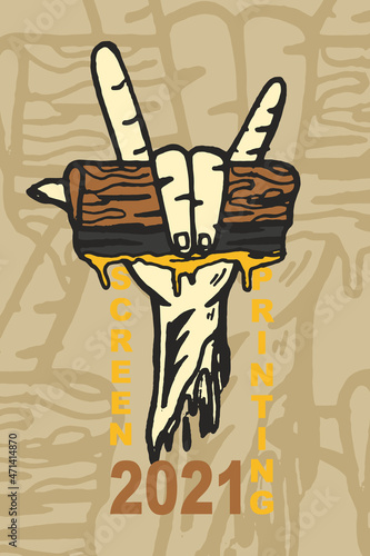 Illustration of a hand holding a screen printing tool, for t-shirt design