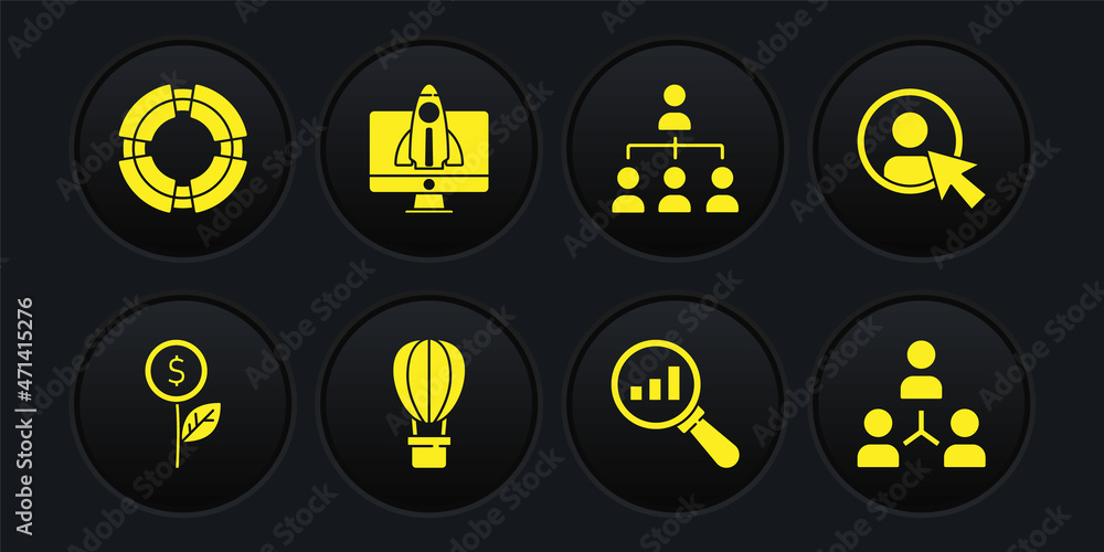Set Dollar plant, Create account screen, Hot air balloon, Magnifying glass and analysis, Hierarchy organogram chart, Startup project concept, Project team base and Business lifebuoy icon. Vector Set Dollar plant, Create account screen, Hot air balloon, Magnifying glass and analysis, Hierarchy organogram chart, Startup project concept, Project team base and Business lifebuoy icon. Vector