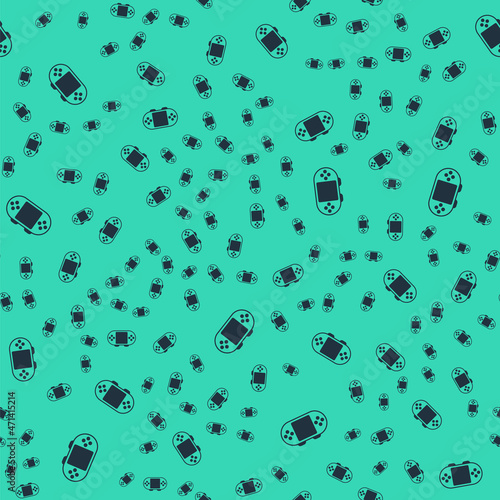 Black Portable video game console icon isolated seamless pattern on green background. Handheld console gaming. Vector