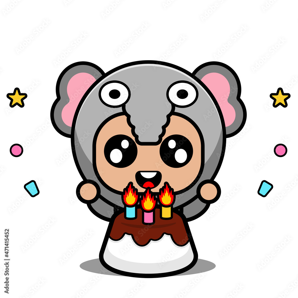 Fototapeta premium vector cartoon character cute elephant animal mascot costume holding birthday cake
