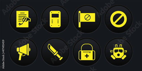 Set Megaphone, Ban, Military knife, First aid kit, Protest, Police assault shield, Gas mask and Petition icon. Vector