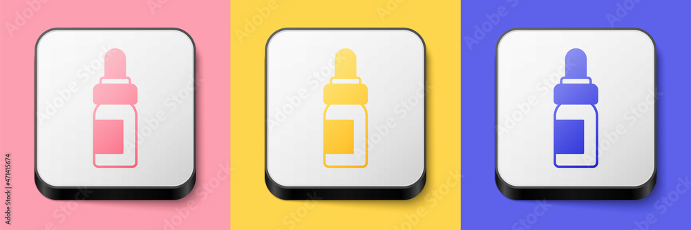 Isometric Essential oil bottle icon isolated on pink, yellow and blue background. Organic aromatherapy essence. Skin care serum glass drop package. Square button. Vector Isometric Essential oil bottle icon isolated on pink, yellow and blue background. Organic aromatherapy essence. Skin care serum glass drop package. Square button. Vector