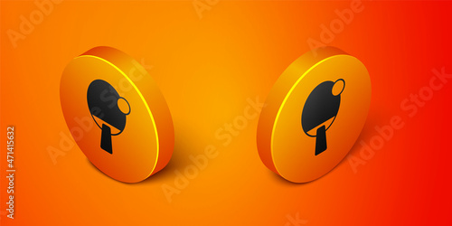Isometric Racket for playing table tennis icon isolated on orange background. Orange circle button. Vector