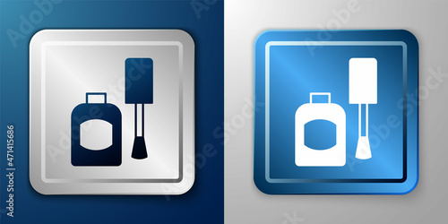 White Bottle of nail polish icon isolated on blue and grey background. Silver and blue square button. Vector