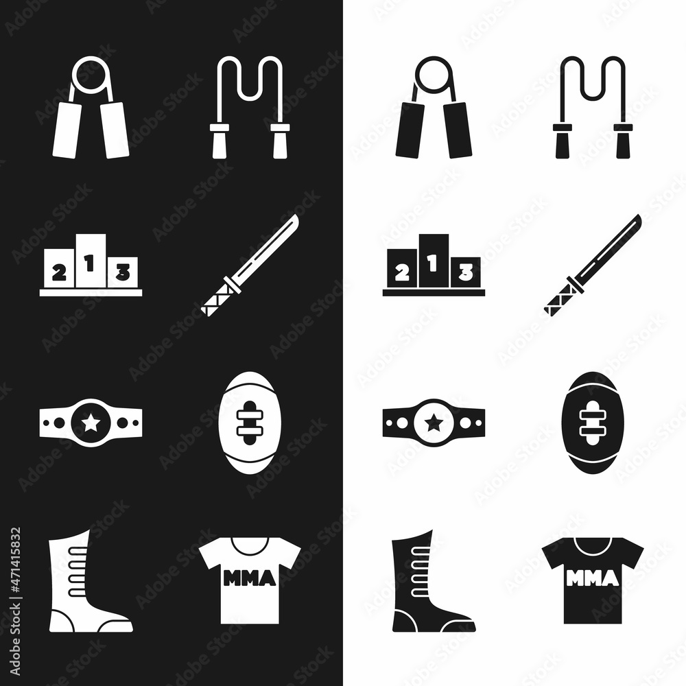 Set Japanese katana, Award over sports winner podium, Sport expander, Jump rope, Boxing belt, American Football ball, T-shirt with fight club MMA and boxing shoes icon. Vector