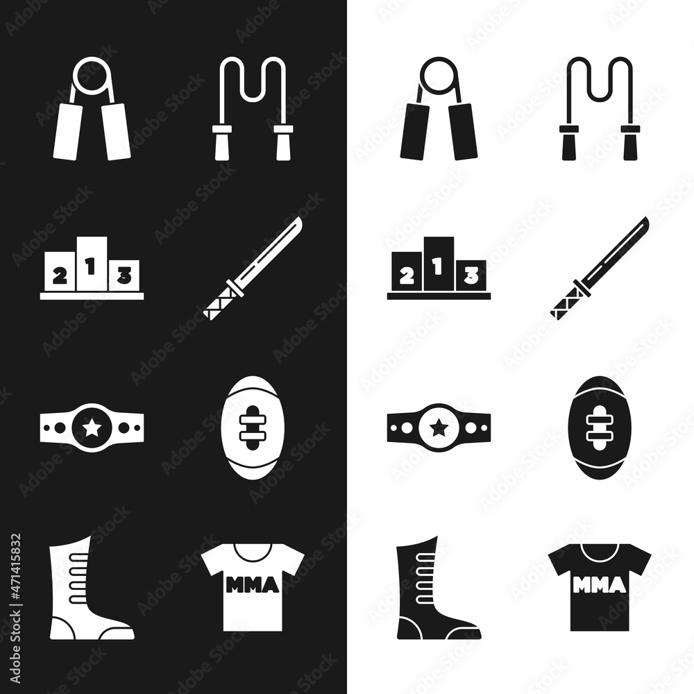 Obraz premium Set Japanese katana, Award over sports winner podium, Sport expander, Jump rope, Boxing belt, American Football ball, T-shirt with fight club MMA and boxing shoes icon. Vector