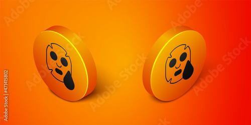 Isometric Facial cosmetic mask icon isolated on orange background. Cosmetology, medicine and health care. Orange circle button. Vector