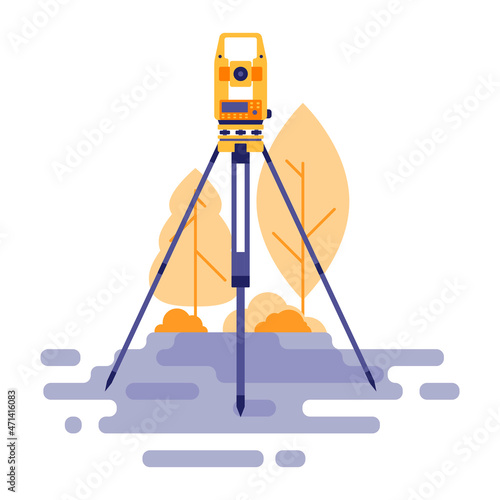 Theodolite. Surveying instrument in an open area. Geodesy. Vector illustration in flat cartoon style.