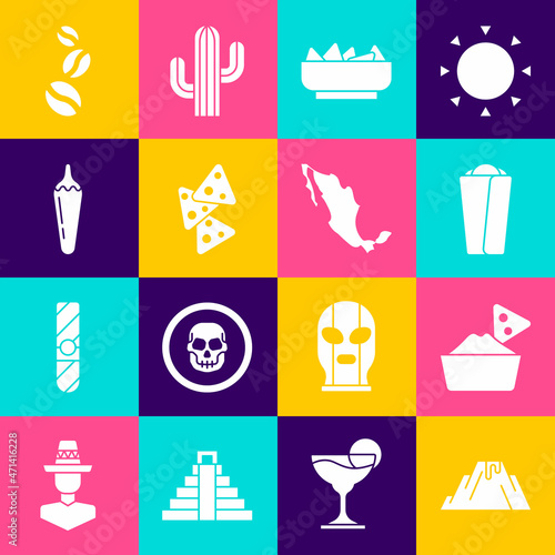 Set Volcano eruption with lava, Nachos in bowl, Burrito, Hot chili pepper pod, Coffee beans and Map mexican icon. Vector