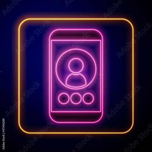 Glowing neon Video chat conference icon isolated on black background. Online meeting work form home. Remote project management. Vector