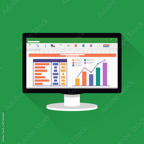 Spreadsheet on Computer screen flat icon. Financial accounting report concept. office things for planning and accounting, analysis, audit, project management, marketing, research vector illustration.