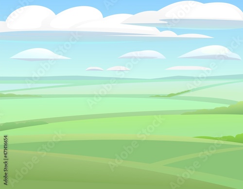 Fields and vegetable gardens hills. Rural landscape. Horizontal village nature illustration. Cute country hills. Flat style. Vector