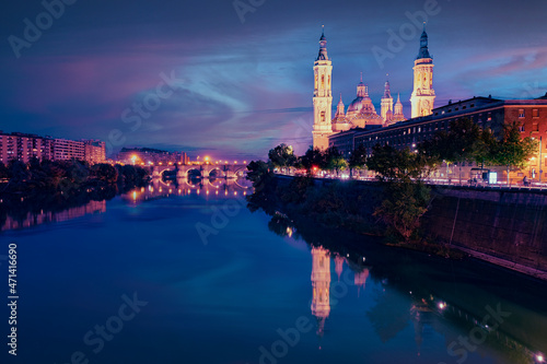 Basilica of the Pilar  best known as Pilarica in Zaragoza  Spain. Night shot with empty copy space for Editor s content. 