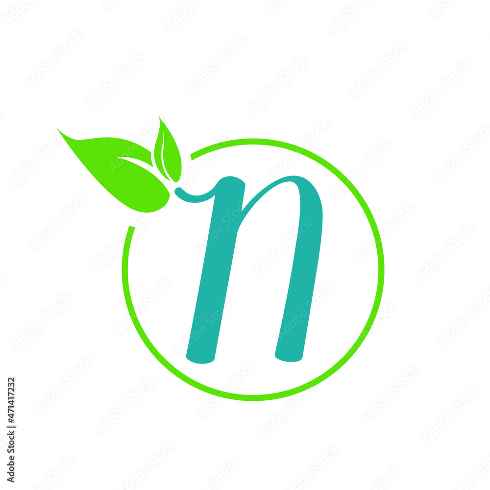 Letter n logo.Calligraphic icon.Lowercase lettering sign isolated on light background.Decorative green leaf alphabet initial.Elegant, eco, natural, fresh food, beauty, spa style.Circle frame. Letter n logo.Calligraphic icon.Lowercase lettering sign isolated on light background.Decorative green leaf alphabet initial.Elegant, eco, natural, fresh food, beauty, spa style.Circle frame.