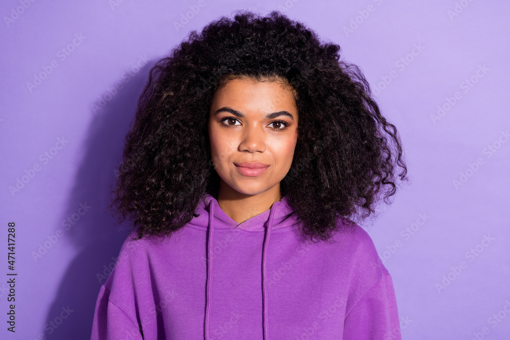 Photo of adorable gorgeous calm young person look camera isolated on pastel purple color background Photo of adorable gorgeous calm young person look camera isolated on pastel purple color background