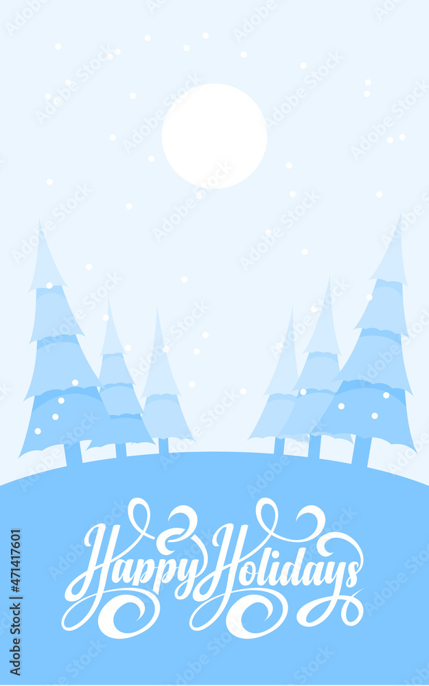 Winter landscape background with text Happy Holidays