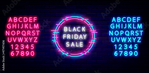 Black friday sale neon text in glitch circle. Pink and blue alphabet. Template for sale. Isolated vector illustration