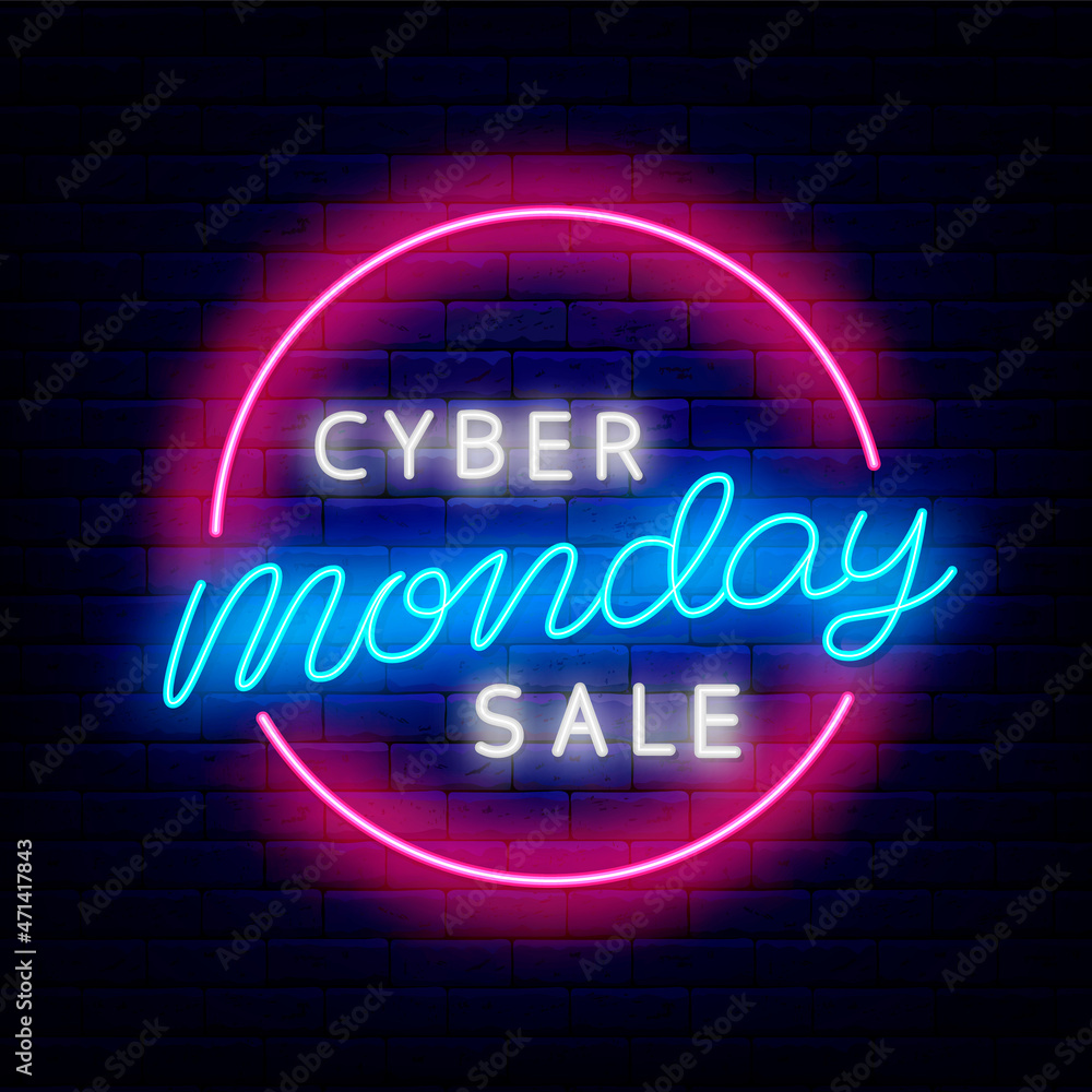 Cyber monday sale neon signboard. Luminous emblem. Outer glowing effect banner. Isolated vector illustration