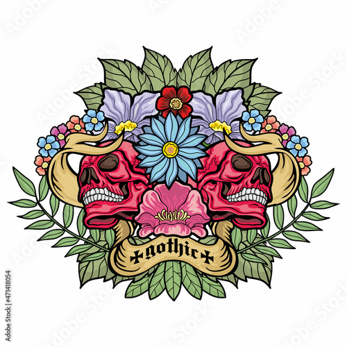 Gothic sign with skull and flowers, grunge vintage design t shirts