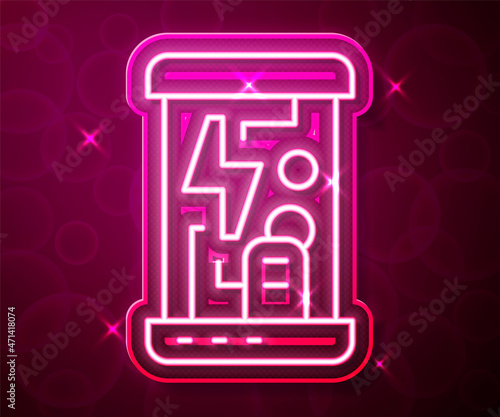 Glowing neon line Futuristic cryogenic capsules or containers icon isolated on red background. Cryonic technology for humans or cryogenic chamber. Vector