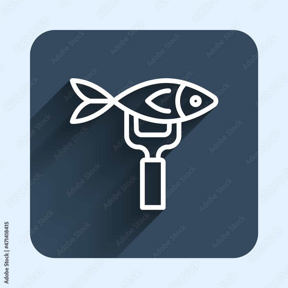 White line Dried fish icon isolated with long shadow background. Blue square button. Vector White line Dried fish icon isolated with long shadow background. Blue square button. Vector
