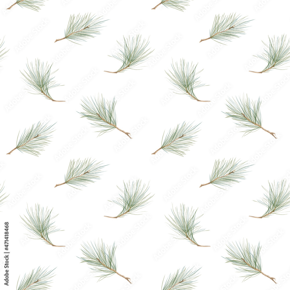 Watercolor illustration. Seamless Christmas pattern with pine branches, holly and stars