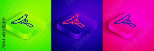 Isometric line Sausage on the fork icon isolated on green, blue and pink background. Grilled sausage and aroma sign. Square button. Vector