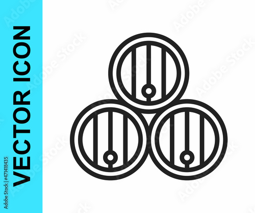 Black line Wooden barrel icon isolated on white background. Alcohol barrel, drink container, wooden keg for beer, whiskey, wine. Vector