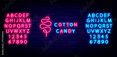 Cotton candy neon sign with alphabet. Sweet bar logo. Cake store. Child dessert on party. Isolated vector illustration