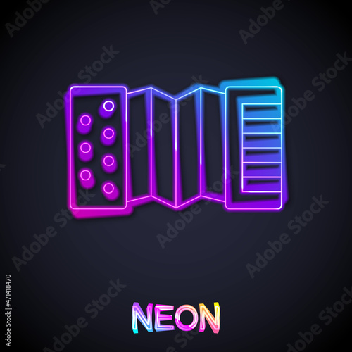 Glowing neon line Musical instrument accordion icon isolated on black background. Classical bayan, harmonic. Vector