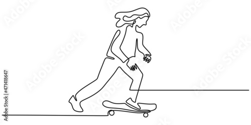 Continuous one single line of girl playing skateboard isolated on white background minimalism design.