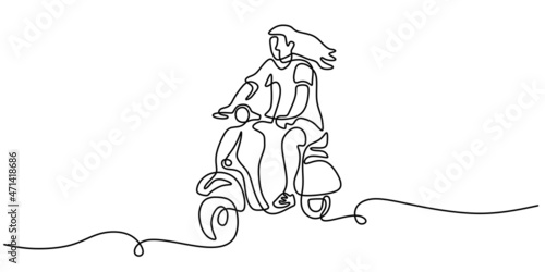 Continuous one single line of man riding scooter old matic motorcycle isolated on white background minimalism design.
