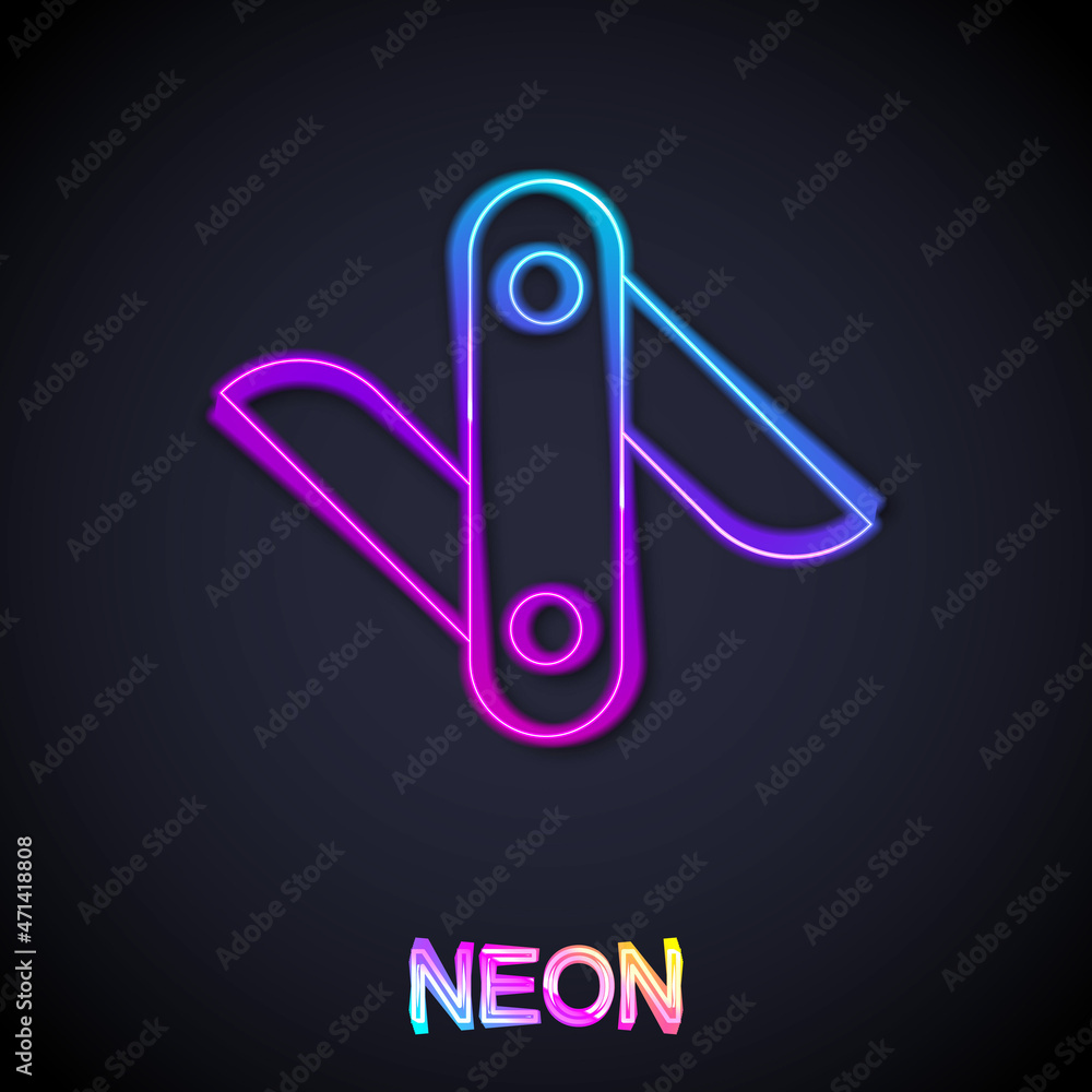 Glowing neon line Swiss army knife icon isolated on black background. Multi-tool, multipurpose penknife. Multifunctional tool. Vector Glowing neon line Swiss army knife icon isolated on black background. Multi-tool, multipurpose penknife. Multifunctional tool. Vector