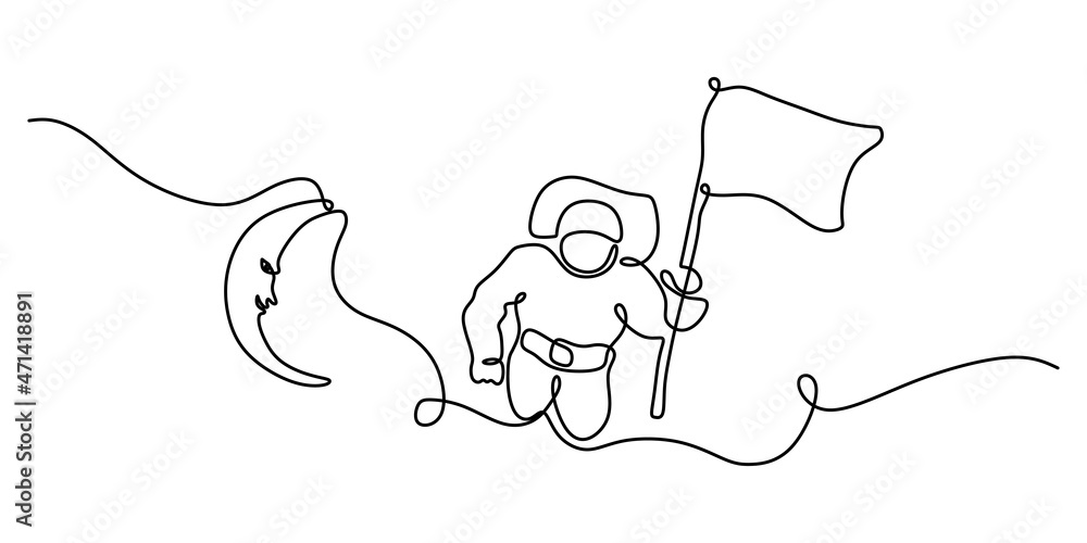 Continuous one single line of astronaut flying to the moon isolated on white background. Continuous one single line of astronaut flying to the moon isolated on white background.