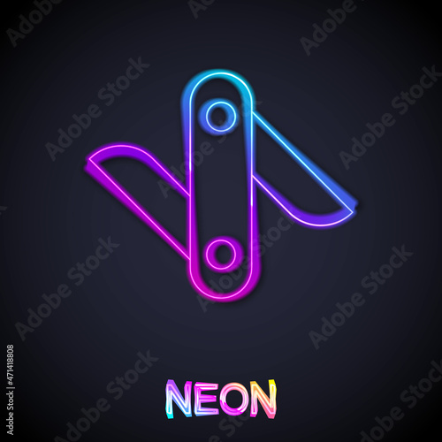 Glowing neon line Swiss army knife icon isolated on black background. Multi-tool, multipurpose penknife. Multifunctional tool. Vector