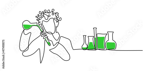Continuous one single line of nerd scientist doing experiment isolated on white background.